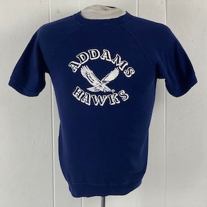 Vintage sweatshirt, size medium, 1970s sweatshirt, Addams Hawks sweatshirt, short sleeve, school shirt, school sweatshirt, vintage clothing