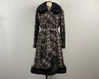 Princess coat, size medium, 1960s coat, mink fur trimmed coat, double breasted coat, textured wool coat, designer coat, vintage clothing