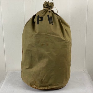 Vintage bag, Prisoner Of War bag, 1940s bag, Army bag, P W bag, vintage knapsack, vintage duffel bag, stenciled bag, waterproof bag