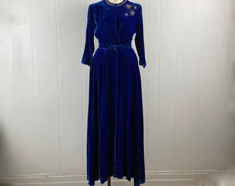 Vestido vintage, tamaño mediano, vestido de los años 50, vestido de terciopelo azul, vestido con cuentas, vestido Dorothy Gordon, vestido de diseñador, ropa vintage