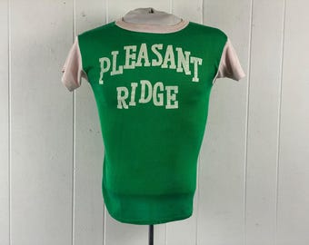Vintage t shirt, size small, 1960s t shirt, baseball t shirt, Pleasant Ridge t shirt, green t shirt, Michigan t shirt, vintage clothing