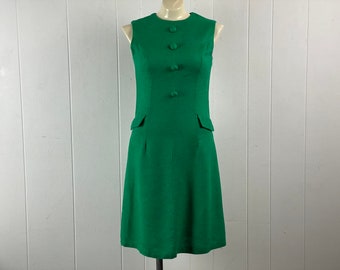 Vintage dress, size small, 1960s dress, linen dress, green dress, button dress, mod dress, vintage clothing