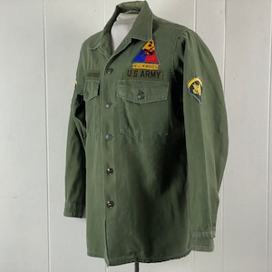 Vintage shirt, size medium, 1960s shirt, Army shirt, Viet Nam shirt, O. G. shirt, vintage patches, vintage clothing, shirt with patches