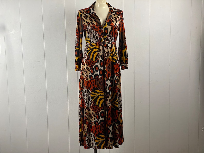 Puede incluir: Un vestido largo de manga larga con cierre de botones en la parte delantera y un estampado de animales colorido con estampado de leopardo, cebra y rayas de tigre. El vestido est&aacute; hecho de una tela suave y fluida.