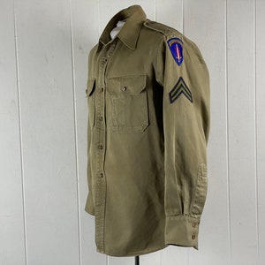 Vintage shirt, size medium, 1940s shirt, military shirt, WWII shirt, Army shirt,  shirt with patches, shirt, khaki shirt, vintage clothing