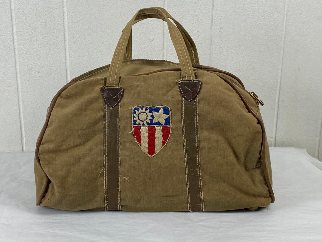 Vintage Bag, 1940s Duffel Bag, Canvas and Leather Bag, Army Bag, China