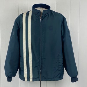 Vintage jacket, size large, 1960s jacket, vintage racing jacket, racing stripes, blue jacket, ring zipper, vintage clothing, As Is