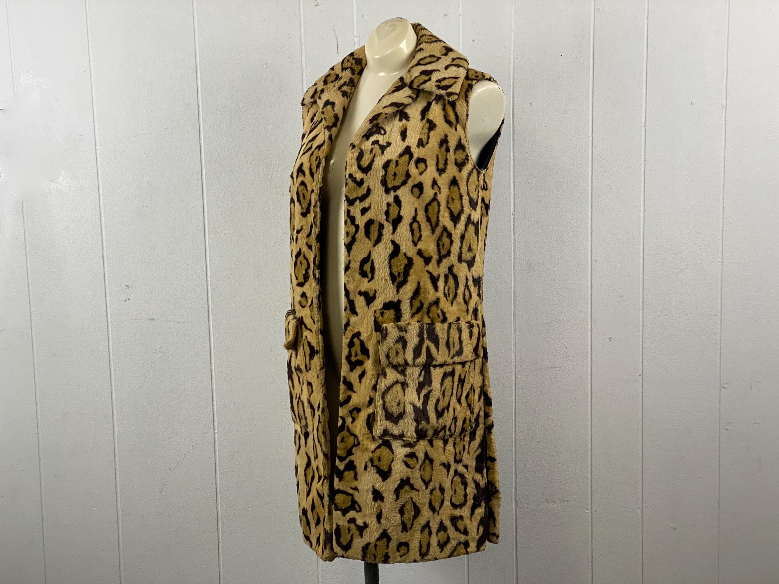 60's Leopard Fur×Suede sible Vest Leopard Faux Fur, Size Medium, 1960s Vest, Faux Fur Jacket