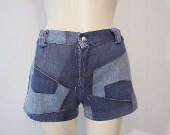 Vintage shorts, 1960s shorts, patchwork print shorts, denim shorts, daisy dukes, vintage clothing, size small, 30 waist