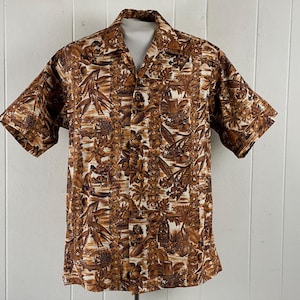 Vintage shirt, size large, Hawaiian shirt, Tiki shirt, brown Hawaiian, 1950s shirt, top button loop, vintage Hawaiian, vintage clothing, NOS