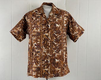 Vintage shirt, size large, Hawaiian shirt, Tiki shirt, brown Hawaiian, 1950s shirt, top button loop, vintage Hawaiian, vintage clothing, NOS