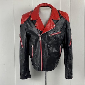 Vintage jacket, size 42, 1980s jacket, leather jacket, studded motorcycle jacket, red and black jacket, J Park Collection, vintage clothing
