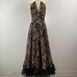Vintage dress, 1970s dress, flower dress, halter dress, full circle dress, designer dress, rayon dress, vintage clothing, size small