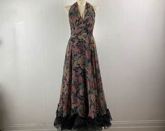 Vintage dress, 1970s dress, flower dress, halter dress, full circle dress, designer dress, rayon dress, vintage clothing, size small