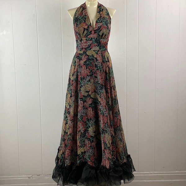 Vintage dress, 1970s dress, flower dress, halter dress, full circle dress, designer dress, rayon dress, vintage clothing, size small