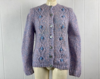 Vintage cardigan, size large, 1960s cardigan, Mohair sweater,  Mohair cardigan, pink and blue sweater, lavender sweater, vintage clothing