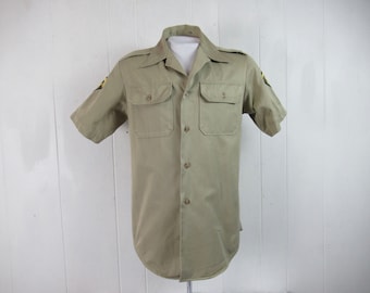 Vintage shirt, military shirt, U.S. Army shirt, 1960s shirt, khaki shirt, short sleeve, patches, vintage clothing, size small