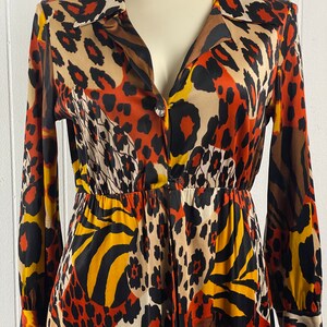 Puede incluir: Un vestido de manga larga con cierre de botones en la parte delantera y cuello en V. El vestido est&aacute; hecho de una tela sedosa y presenta un estampado de animales colorido en tonos marrones, naranjas, amarillos y negros.