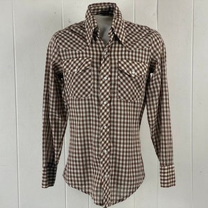 Vintage Cowboy shirt, size small, 1970s shirt, western shirt, brown plaid shirt, brown check, Triple L L L Brand, vintage clothing