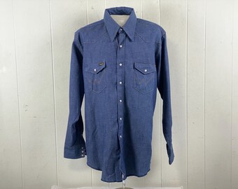 Vintage 90s Marlboro Red Denim Western Shirt, Pearl Snap Long