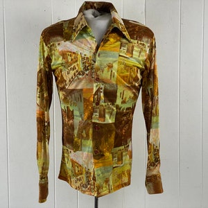 Vintage shirt, size small, disco shirt, 1970s shirt, photo print shirt, scenic paintings shirt, art shirt, Kmart shirt, vintage clothing