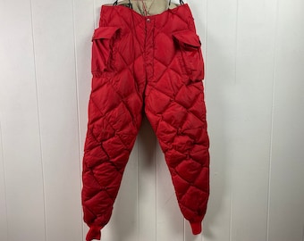 Size Medium, Vintage down filled pants, Eddie Bauer pants, 1960s pants, Kara Koram pants, puffer pants, suspender pants, vintage clothing