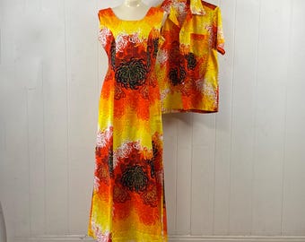 Vintage Hawaiian dress, size medium, dress and shirt, his and hers Tiki outfit, tropical print dress, Hawaiian shirt, vintage clothing