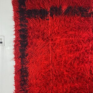 May include: A red shaggy rug with a black border. The rug has a long, soft pile.