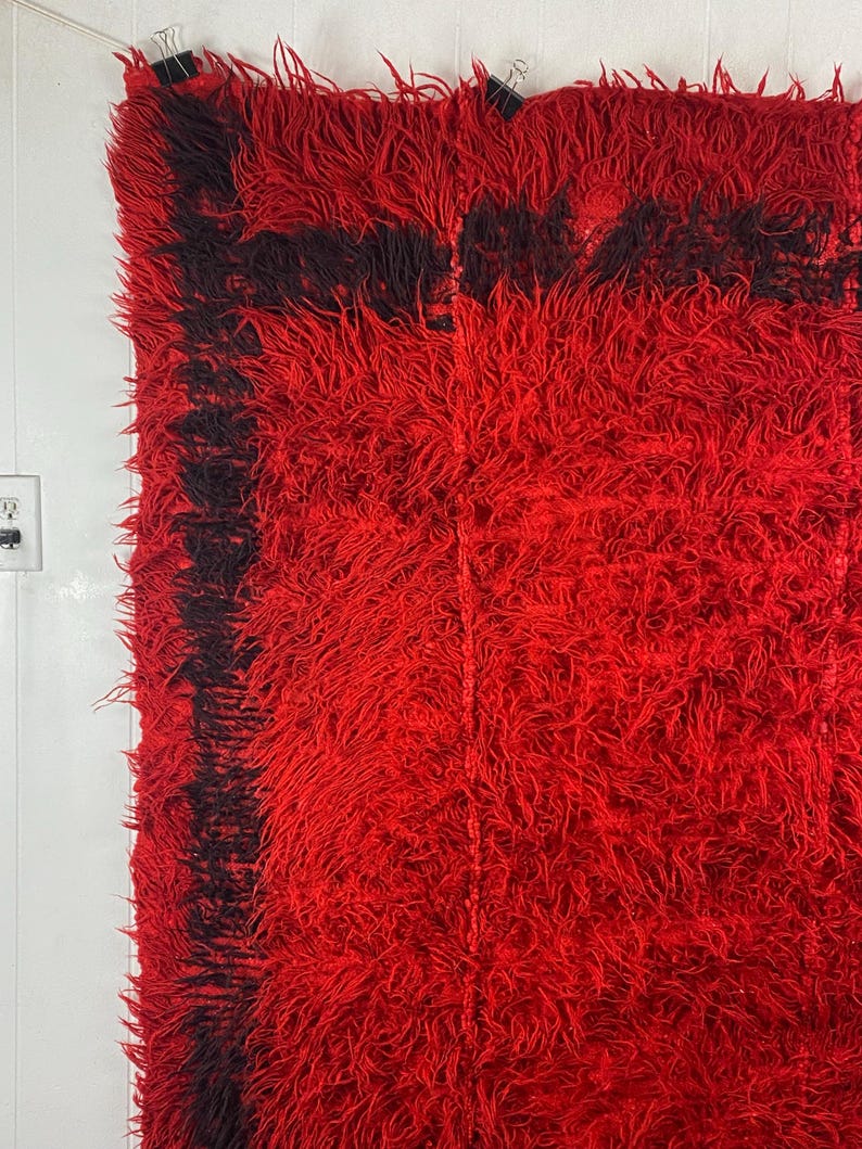 May include: A red shaggy rug with a black border. The rug has a long, soft pile.