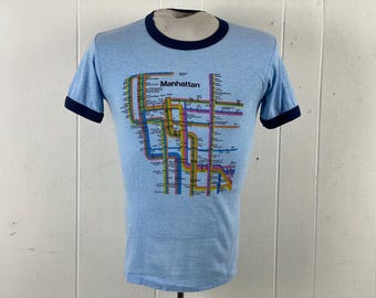 Vintage t-shirt, size small, 1980s t shirt, Manhattan t shirt, subway map t shirt, New York t shirt, New York City ringer, vintage clothing