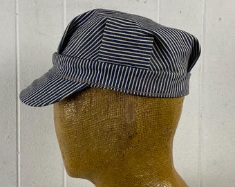 Vintage cap, size large, 1950s engineer cap, vintage hat, hickory stripe denim hat, work hat, vintage workwear, utility cap, 7 5/8, NOS