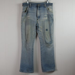Vintage jeans, distressed jeans, denim jeans, patched pants, distressed pants, worker&#39;s pants, workwear, vintage clothing, size 35 x 30