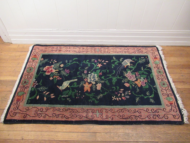 Vintage tapijt, Chinees tapijt, jaren 1920 tapijt, Art Deco tapijt, handgemaakt tapijt, wollen tapijt, Chinees textiel, weven, 5 ' x 3' afbeelding 6
