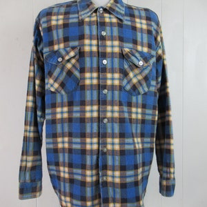 以下が含まれることがあります： 青、黄、茶色の格子柄のフランネルシャツ。長袖でボタン留めです。