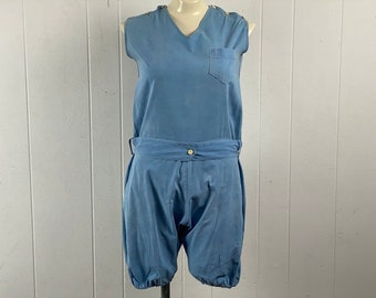 Vintage playsuit, size small, 1910s play suit, chambray gym suit, vintage romper, vintage jumper, cotton play suit, vintage clothing