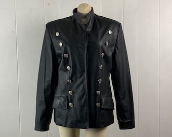 Vintage jacket, Military jacket, black leather jacket, double breasted jacket, Pea coat, vintage clothing, size large