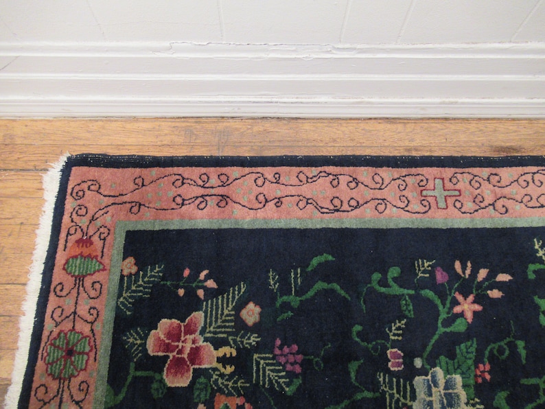 Vintage tapijt, Chinees tapijt, jaren 1920 tapijt, Art Deco tapijt, handgemaakt tapijt, wollen tapijt, Chinees textiel, weven, 5 ' x 3' afbeelding 2