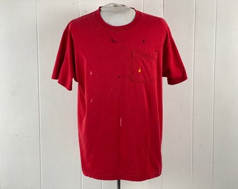 Vintage t shirt, size XL, painter's t shirt, pocket t shirt, 1980s t shirt, distressed t shirt, red t shirt, vintage clothing