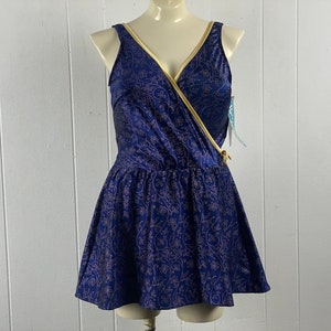 Vintage swimsuit, size XL, DDD cup, 1980s bathing suit, one piece bathing suit, Roby Len swimsuit, blue and gold, vintage clothing, NOS