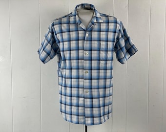 Vintage shirt, maat medium, shirt jaren 60, rockabilly-shirt, lusje bovenste knoop, blauw geruit shirt, Quality Sportswear-shirt, vintage kleding