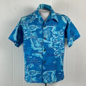 Camisa vintage, talla grande, camisa hawaiana, camisa hawaiana de la década de 1960, camisa hawaiana azul, moda de la isla, camisa mapa, ropa vintage