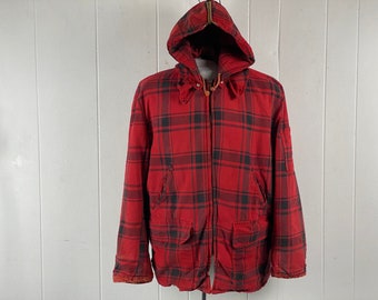 Vintage coat, size large, hunting coat, 1950s coat, cotton plaid coat, Alcan coat, vintage hunting jacket, removable hood, vintage clothing