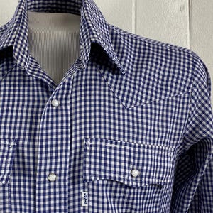 Vintage shirt, size small, Levi&#39;s shirt, 1980s shirt, Levi&#39;s cowboy, western shirt, gingham shirt, blue, vintage Levis, vintage clothing
