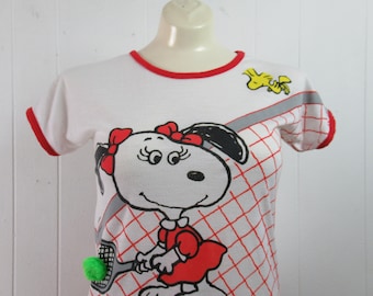 Sukienka Vintage Snoopy, sukienka z lat 70., sukienka Snoopy i Belle, sukienka Schultz, sukienka Peanuts, tenis Snoopy i Belle, ubrania vintage, rozmiar mały