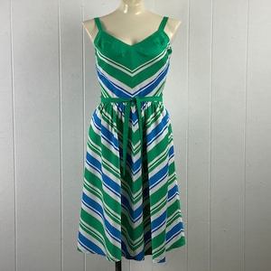 Vintage dress, size medium, Malia dress, 1970s dress, striped dress, green blue white dress, cotton dress, sun dress, vintage clothing