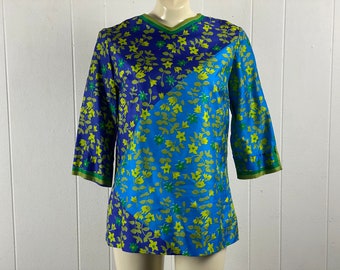 Vintage blouse, size large, 1970s shirt, silk blouse, Vera blouse, floral print blouse, blue and green, designer shirt, vintage clothing