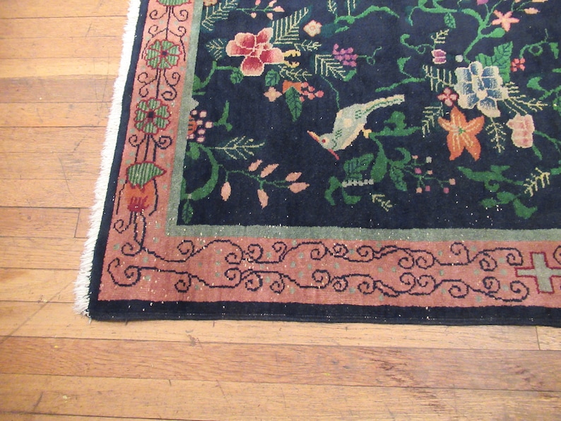 Vintage tapijt, Chinees tapijt, jaren 1920 tapijt, Art Deco tapijt, handgemaakt tapijt, wollen tapijt, Chinees textiel, weven, 5 ' x 3' afbeelding 4