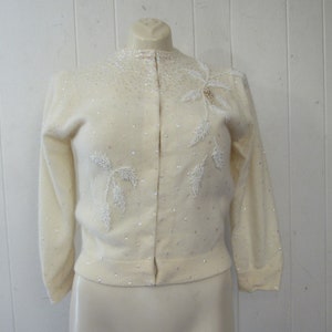 Vintage sweater, 1960s sweater, beaded sweater, angora sweater, white sweater, vintage clothing, size medium, size 36