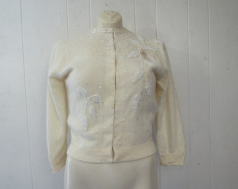Vintage sweater, 1960s sweater, beaded sweater, angora sweater, white sweater, vintage clothing, size medium, size 36