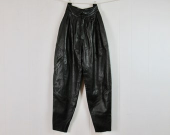 Vintage pants, leather pants, 1980s pants, high waisted pants, designer pants, parachute pants, Sphinx leather, vintage clothing, size XS